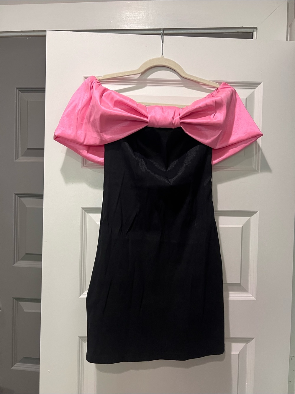 PrettyLittleThing Black Mini Dress with Pink Off-Shoulder Bow